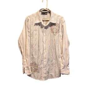 Frankie B Mens Long‎ Sleeve Embroidered Striped Dress Shirt Size L